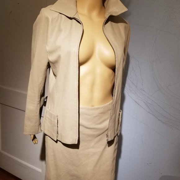 SOLD suit soft leather &silk light coffee JACKET /SKIRT - Picture 3 of 16